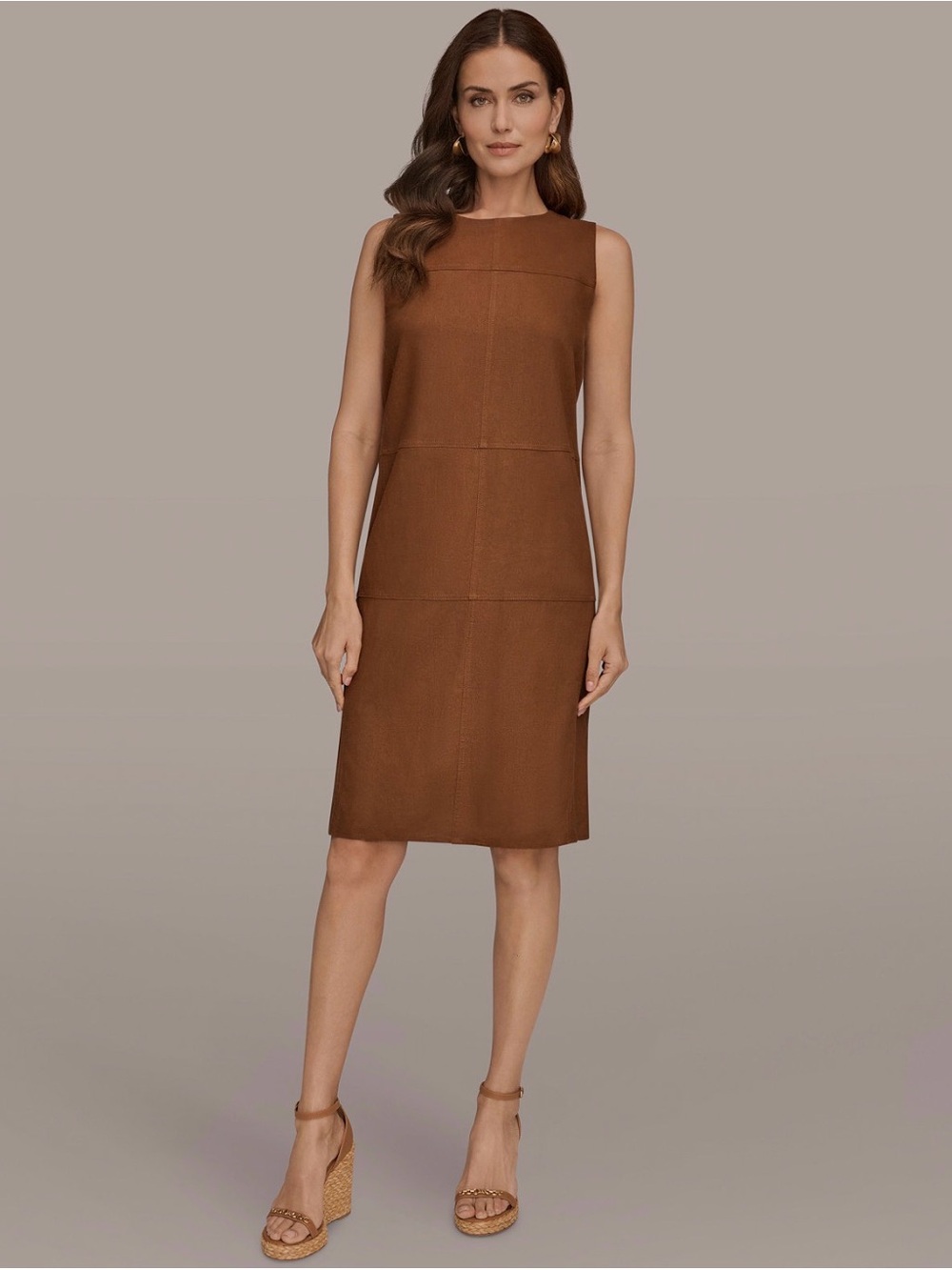 NWT Donna Karan Women's Crewneck Sleeveless Shift Dress. Size 10. Cognac.